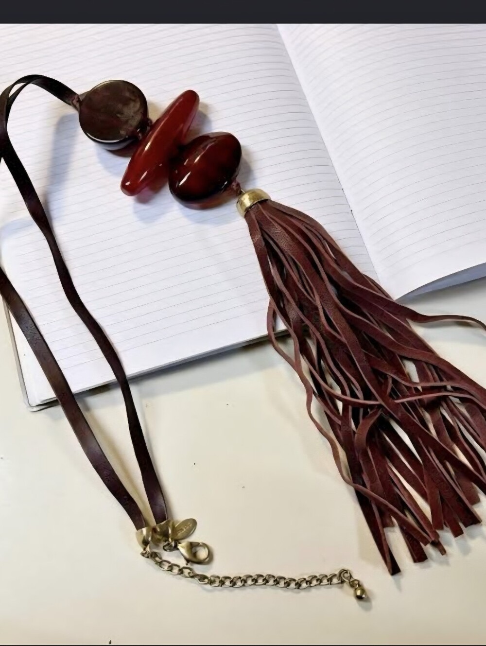 Chico's Burgundy And Brown Leather Tassel Necklace